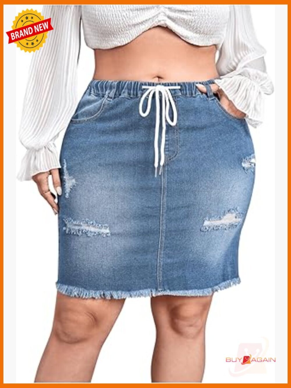 Plus Size Denim Skirt High Waisted Raw Hem Ripped Short Jean Skirt